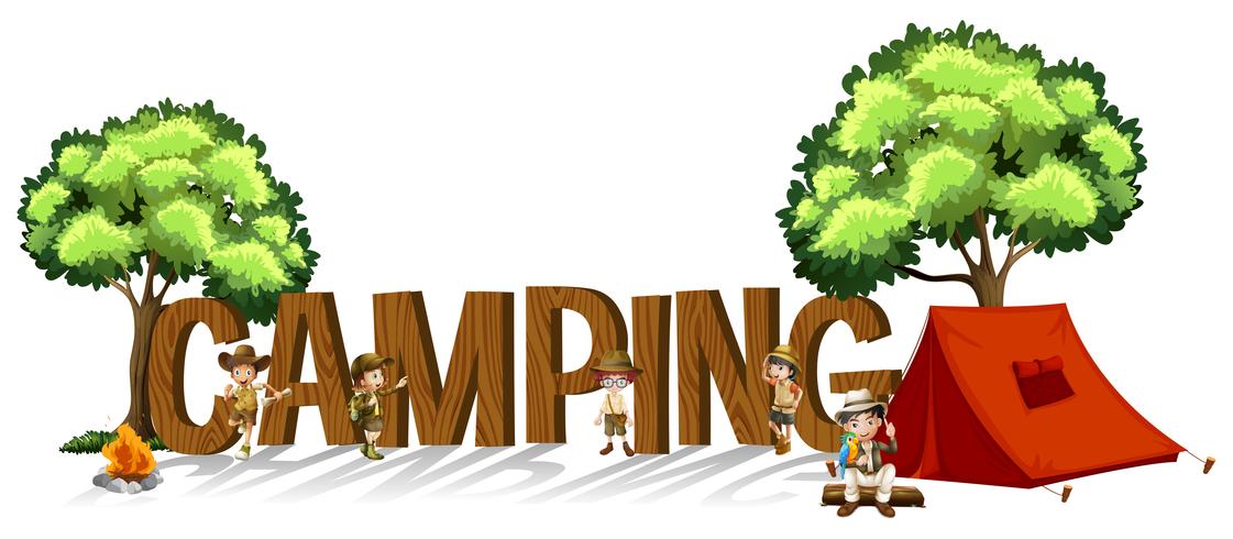 Font design for word camping with kids and tent vector