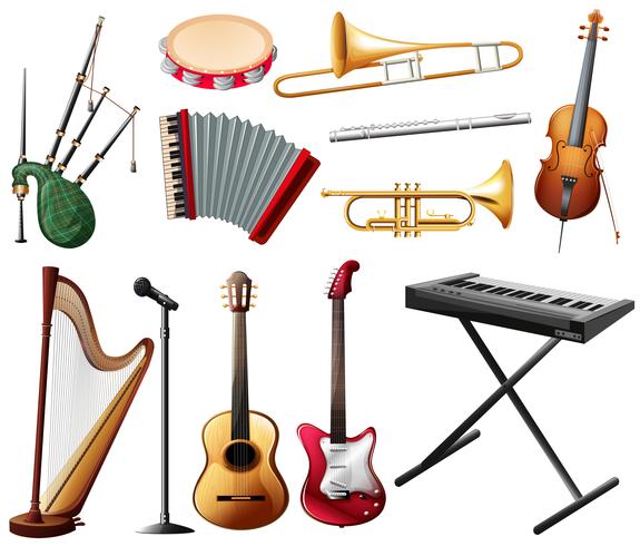 Diferentes tipos de instrumentos musicales en blanco. vector