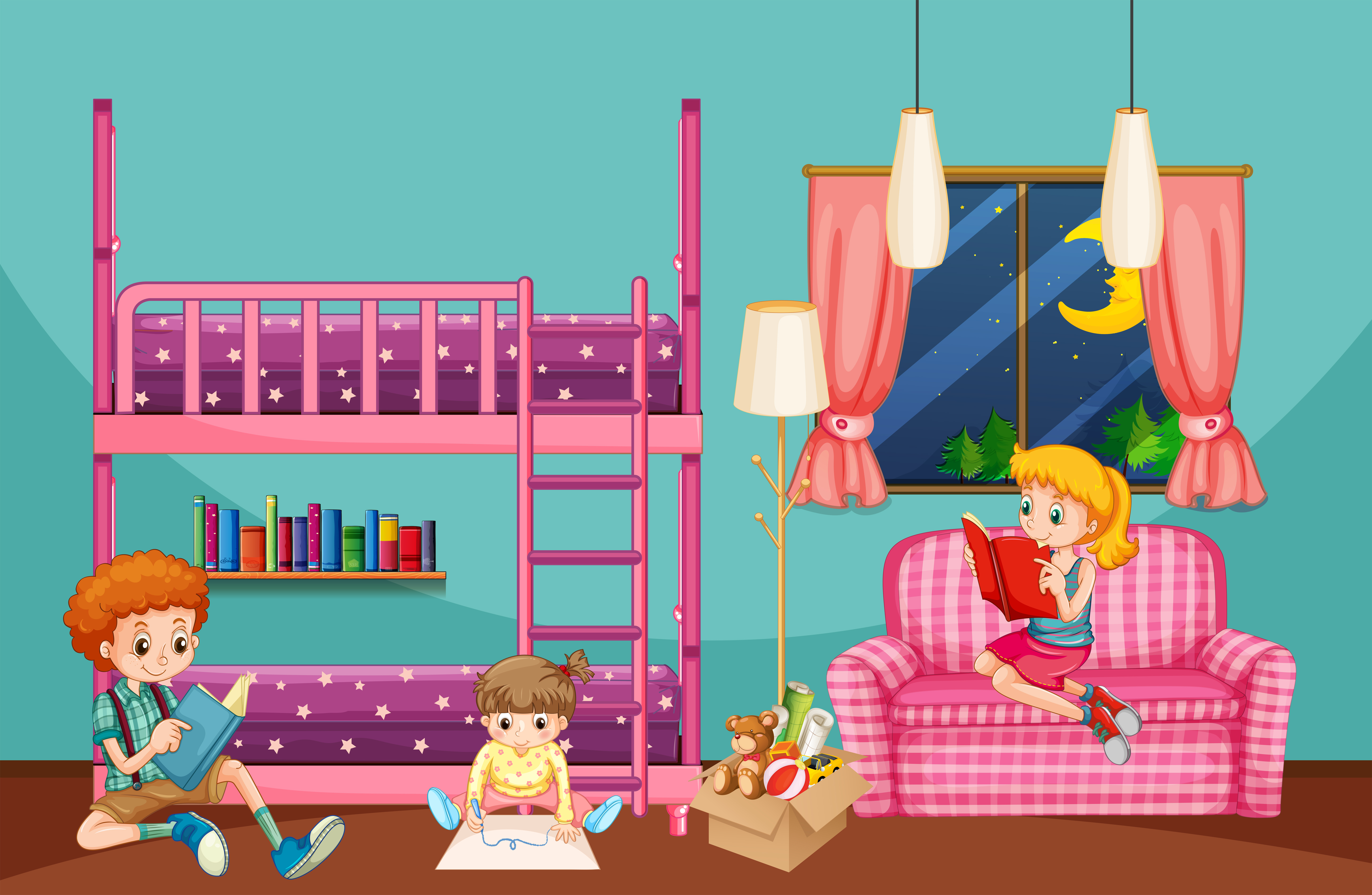 Children reading and drawing in bedroom 352723 - Download Free Vectors