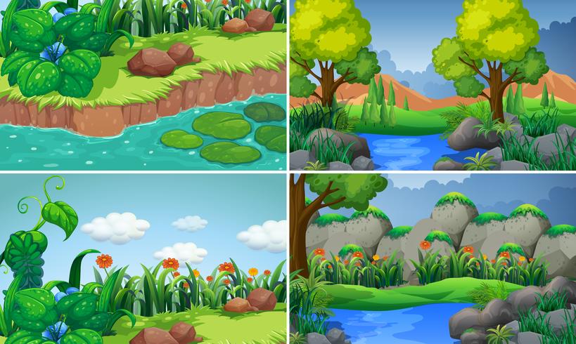 Four scenes with river and trees vector