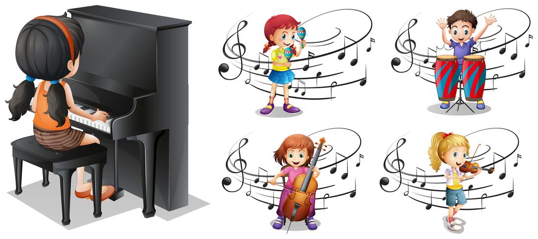 Niños tocando diferentes instrumentos musicales. vector