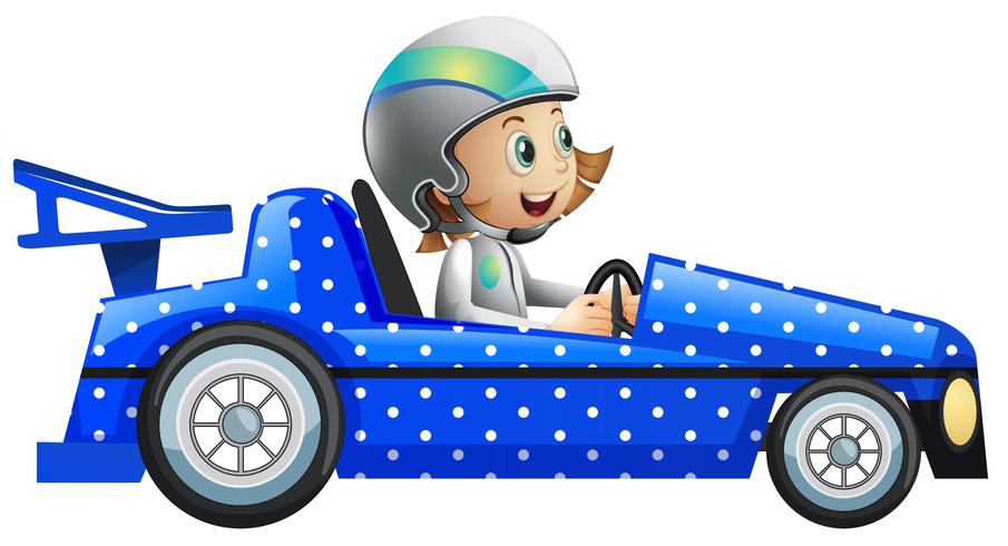 Little girl in polka dot racing car vector