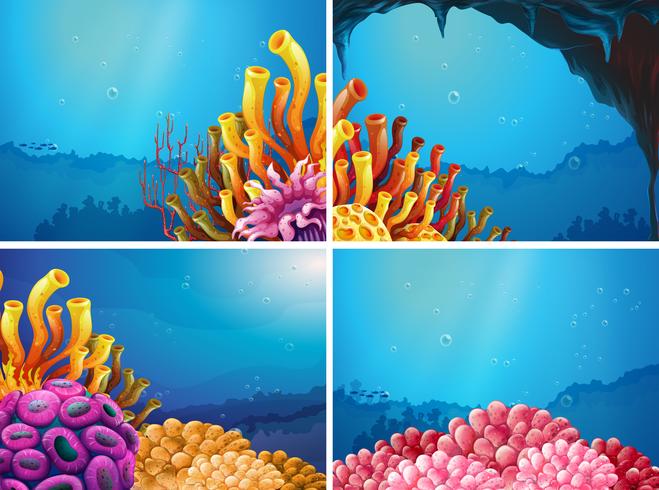 Cuatro escenas bajo el oceano vector