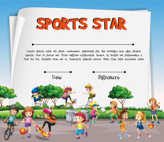 Plantilla de certificado de estrella deportiva con niños jugando deportes vector