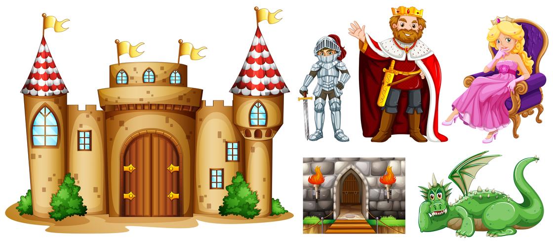 Fairytale characters and palace building vector