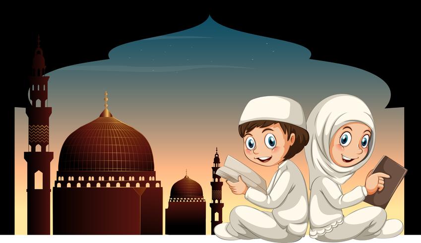 Two muslim kids reading book with mosque background vector