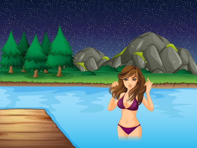 Beautiful woman in bikini swimming in the lake vector