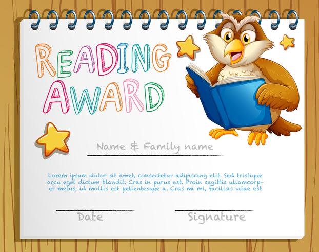 Certificate template with owl reading book vector