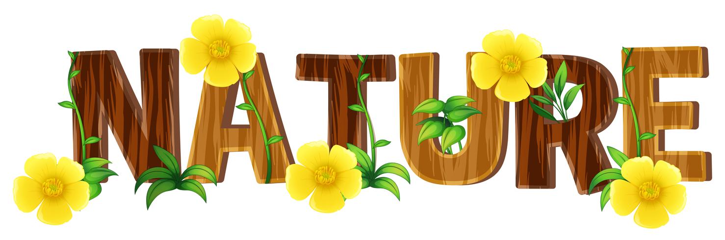 Diseño de fuente para palabra naturaleza con flores amarillas. vector