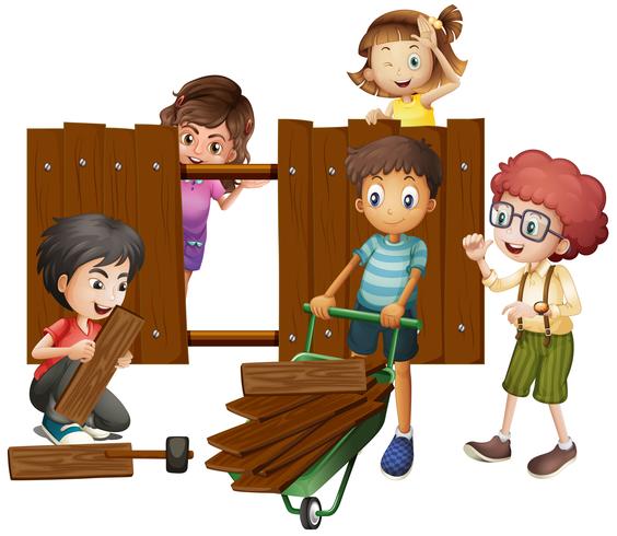 Niños construyendo valla de madera. vector