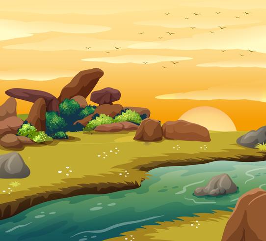 Background scene with river at sunset vector