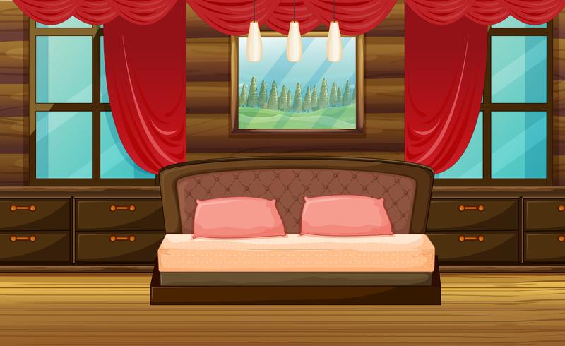 Escena dormitorio con cama de madera. vector