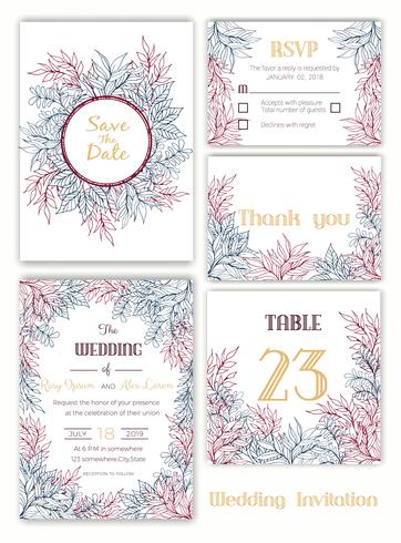 Invitación de boda, Ahorre la fecha, Tarjeta de RSVP, Tarjeta de agradecimiento vector