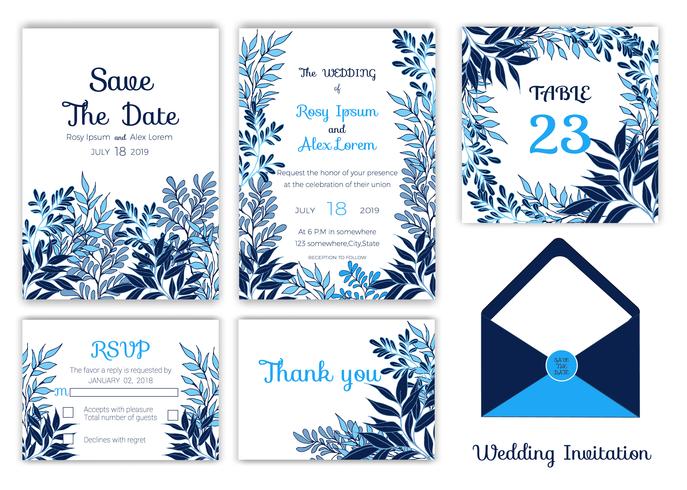 Invitación de boda, Ahorre la fecha, Tarjeta de RSVP, Tarjeta de agradecimiento vector