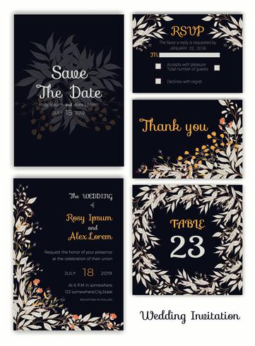 Invitación de boda, Ahorre la fecha, Tarjeta de RSVP, Tarjeta de agradecimiento vector