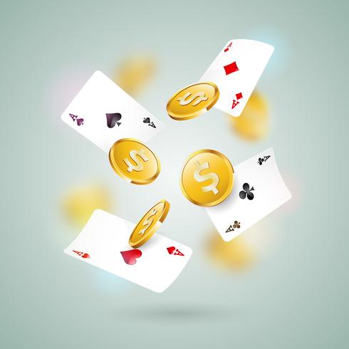 Vector la ilustración en un tema del casino con las tarjetas del póker y la moneda de oro en fondo limpio. Diseño de juego para banner de felicitación, póster, invitación o promo.