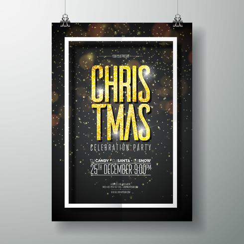 Feliz plantilla del diseño del cartel de la fiesta de Navidad del vector con los elementos de la tipografía del día de fiesta y luz brillante en fondo oscuro.