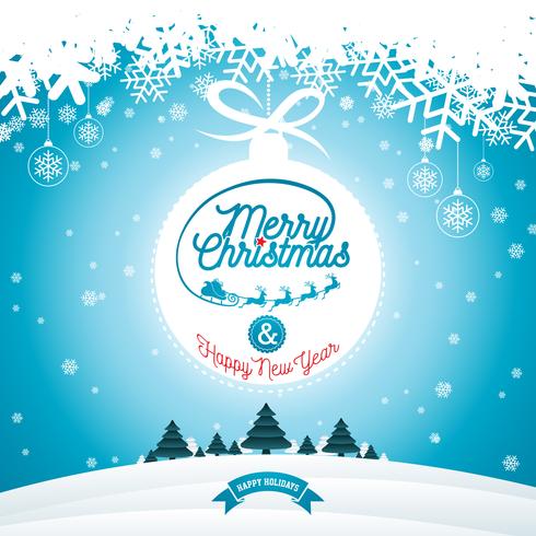 Merry Christmas illustration with typography and ornament decoration on winter landscape background. Vector Christmas holidays flyer or poster design.