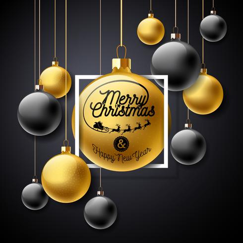 Vector Merry Christmas Illustration with Gold Glass Ball and Typography Elements on Black Background. Holiday Design for Premium Greeting Card, Party Invitation or Promo Banner.