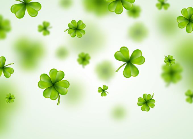 Saint Patricks Day Background Design with Green Falling Clovers Leaf. Irish Lucky Holiday Vector Illustration for Greeting Card, Party Invitation or Promo Banner.