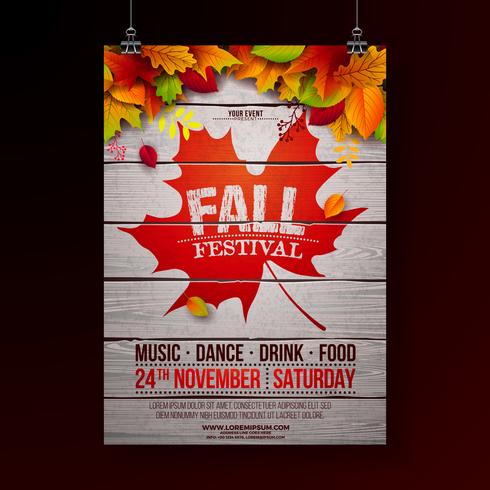 Autumn Party Flyer Illustration with falling leaves and typography design on vintage wood background. Vector Autumnal Fall Festival Design for Invitation or Holiday Celebration Poster.