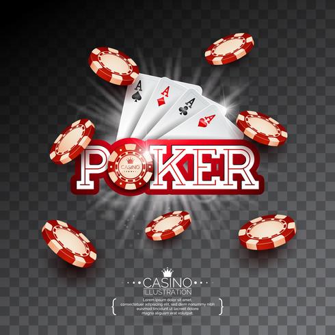 Ilustración del casino con la tarjeta del póker y fichas que juegan que caen en fondo transparente. Vector de diseño de juego de invitación o banner promocional.