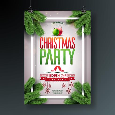 Vector Christmas Party Flyer Design with Holiday Typography Elements and Ornamental Ball, Pine Branch on Shiny Light Background