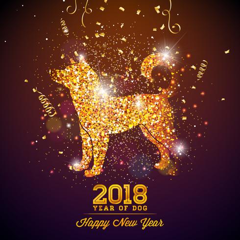 Ilustración china del Año Nuevo 2018 con símbolo brillante en antecedentes brillantes de la celebración. Año del diseño del vector del perro.