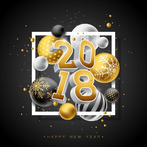 Ilustración de la Feliz Año Nuevo 2018 con número del oro 3d y bola ornamental en fondo negro. Vector Holiday Design