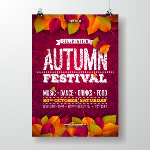 Autumn Party Flyer Illustration with falling leaves and typography design on doodle pattern background. Vector Autumnal Fall Festival Design for Invitation or Holiday Celebration Poster.