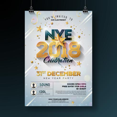 Ejemplo de la plantilla del cartel de la celebración del partido de Año Nuevo 2018 con número brillante del oro en el fondo blanco. Vector Holiday Premium invitación Flyer o Promo Banner.