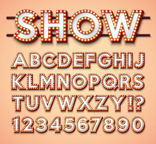 Light Bulb Alphabet with bright red frame and shadow on red backgrond. Glowing retro vector font collection with shiny lights. ABC and number design