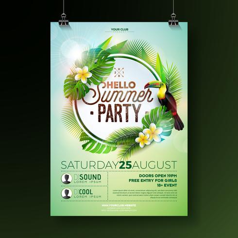 Vector Summer Beach Party Flyer Design with flower toucan on exotic leaf background. Summer nature floral elements, tropical plants, and air balloon with blue sky