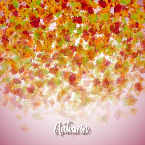 Autumn Illustration with Falling Leaves and Lettering on Clear Background. Autumnal Vector Design for Greeting Card, Banner, Flyer, Invitation, brochure or promotional poster.