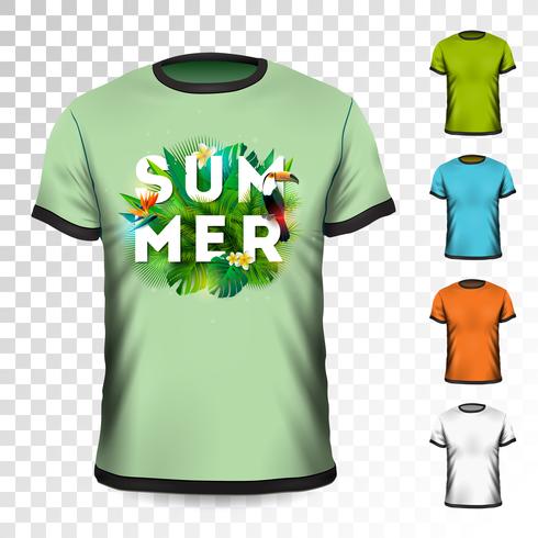 Diseño de camiseta de vacaciones de verano con hojas tropicales, flores y tucán sobre fondo transparente. Vector plantilla de diseño para la ropa con alguna variación de color.