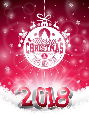 Vector Christmas and 2018 Happy New Year Illustration on Shiny Red Background with Holiday Typography Element and 3d Number. Holiday Design