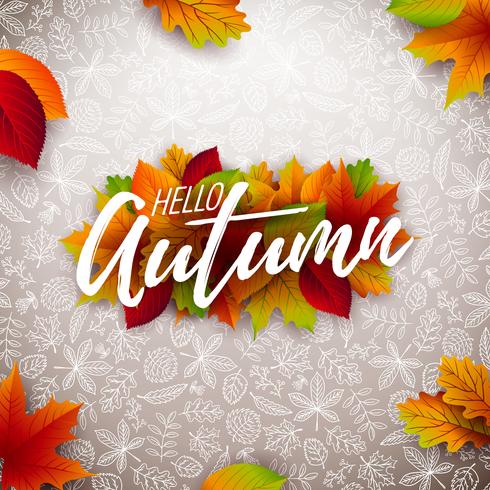 Ilustración de otoño con hojas caídas y letras sobre fondo blanco. Diseño otoñal del vector con los garabatos dibujados a mano para la tarjeta de felicitación, la bandera, el aviador, la invitación, el folleto o el cartel promocional.