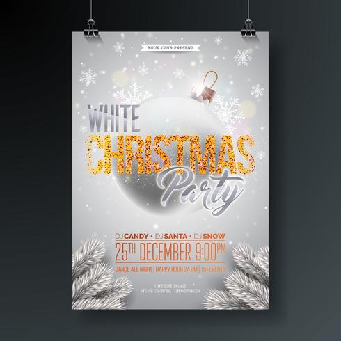 Ejemplo blanco del aviador de la fiesta de Navidad con los elementos brillados de la tipografía y la bola ornamental en fondo brillante. Vector de diseño de carteles de celebración.