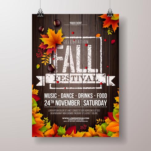 Autumn Party Flyer Illustration with falling leaves and typography design on vintage wood background. Vector Autumnal Fall Festival Desig