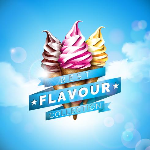 Ejemplo del helado con el postre delicioso y la cinta etiquetada en fondo del cielo azul. Vector de plantilla de diseño para banner promocional o cartel con vainilla, chocolate, ponche.