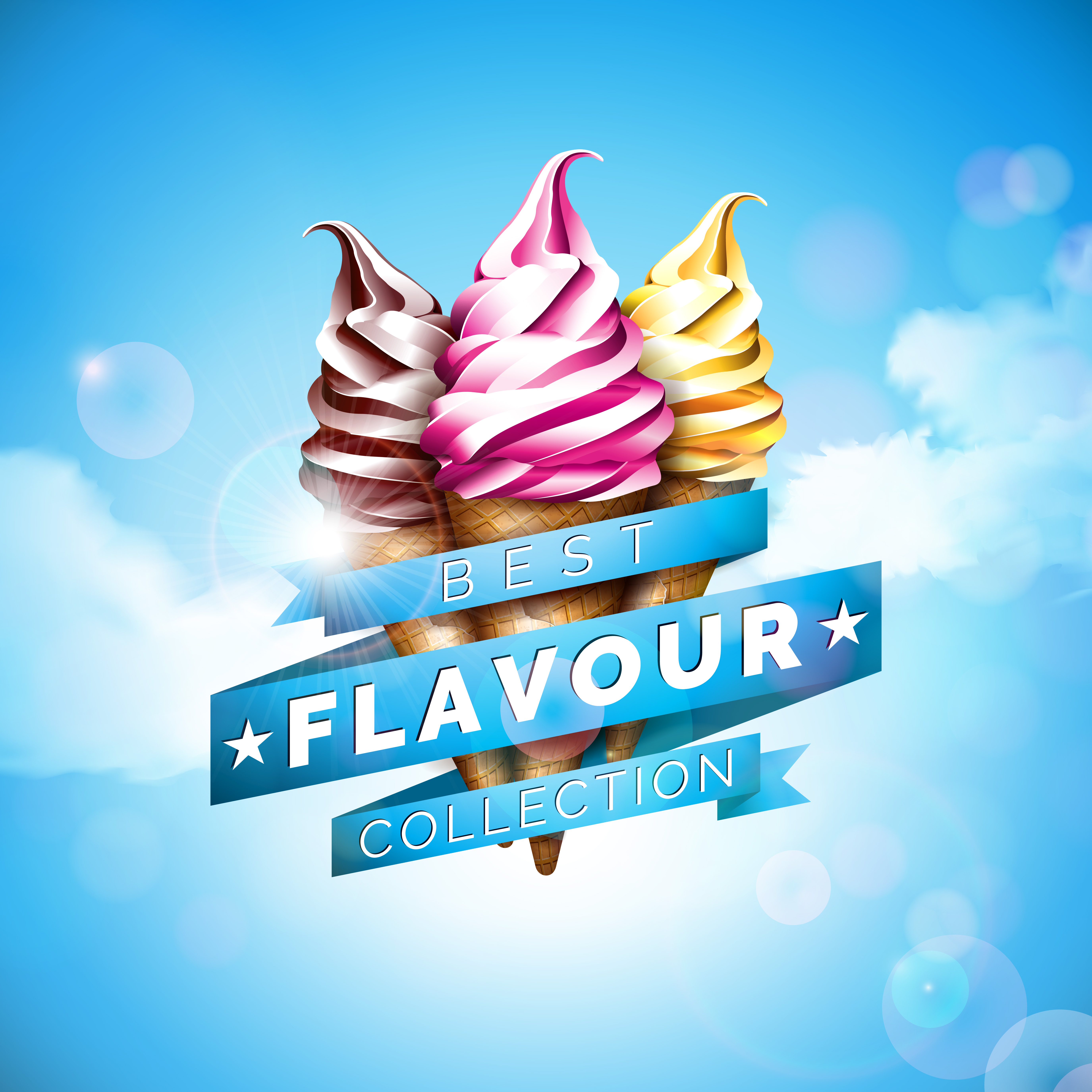 Ice cream illustration with delicious dessert and labelled ribbon on blue  sky background. Vector design template for promotional banner or poster  with vanilla, chocolate, punch. 357146 Vector Art at Vecteezy