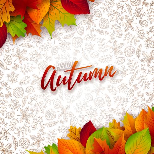 Ilustración de otoño con hojas caídas y letras sobre fondo blanco. Diseño otoñal del vector con los garabatos dibujados a mano para la tarjeta de felicitación, la bandera, el aviador, la invitación, el folleto o el cartel promocional.