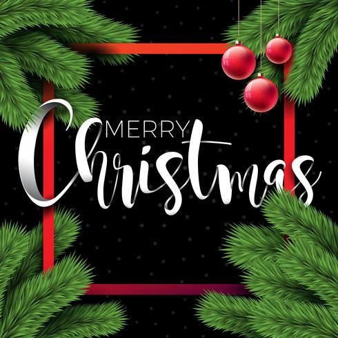 Merry Christmas Illustration on Black Background with Typography and Holiday Elements, Vector EPS 10 design.