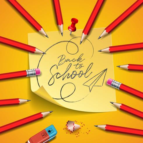 Back to school design with graphite pencil, eraser and sticky notes on yellow background. Vector illustration with post it,red pin and hand lettering for greeting card, banner, flyer, invitation, brochure or promotional poster.