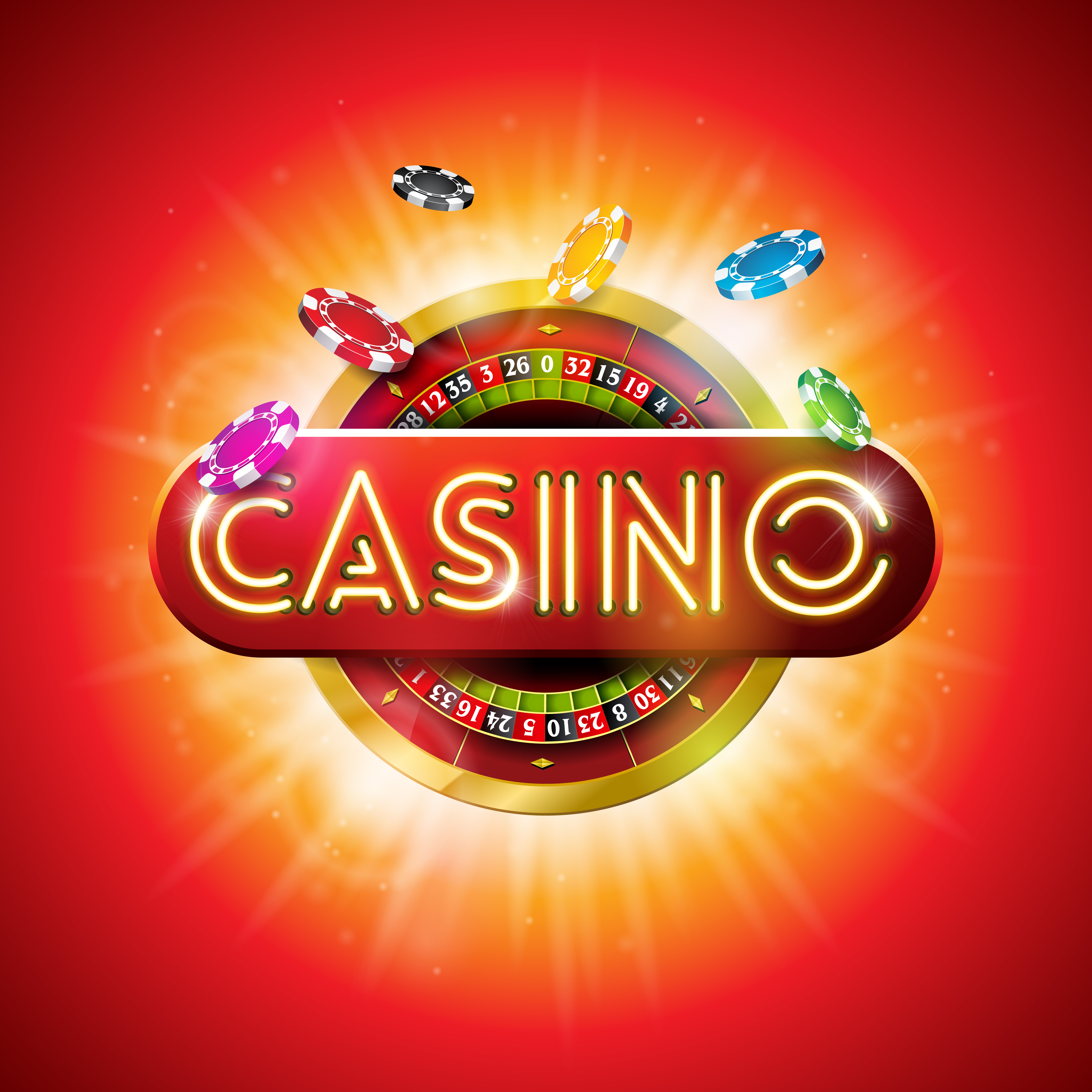 Casino Illustration with shiny neon light letter and roulette wheel on red background ...5000 x 5000