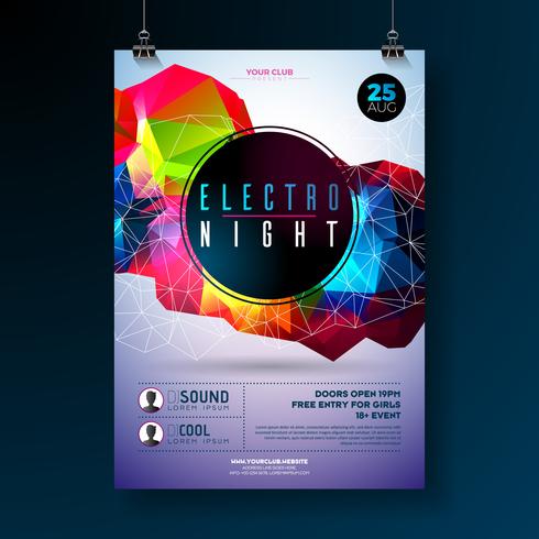 Diseño del cartel del partido de danza de la noche con formas geométricas modernas abstractas en fondo brillante. Plantilla de club de discoteca estilo electro para invitación de evento de música abstracta o banner promocional. vector