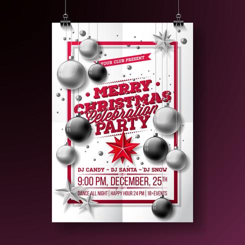 Vector Merry Christmas Party Flyer Illustration with Typography and Holiday Elements on White background. Invitation Poster Template.