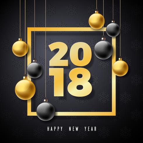 Happy New Year 2018 Illustration with Gold Number and Ornamental Ball on Black Background. Vector Holiday Design for Premium Greeting Card, Party Invitation or Promo Banner.