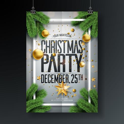 Vector Merry Christmas Party Design with Holiday Typography Elements and Ornamental Balls, Cutout Paper Star, Pine Branch on Clean Background. Celebration Flyer Illustration. EPS 10.