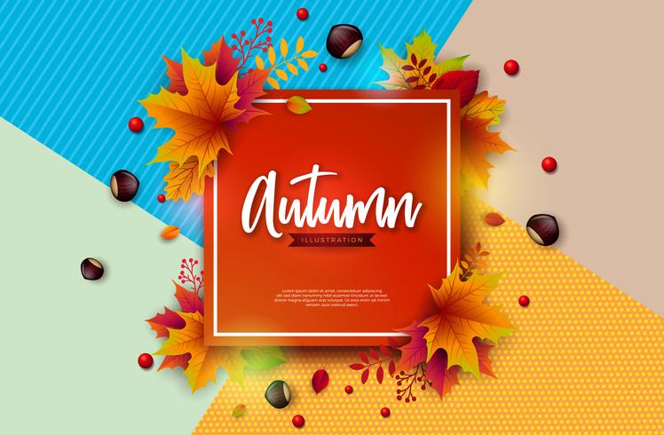 Autumn Illustration with Colorful Falling Leaves, Chestnut and Lettering on Abstract Colorful Background. Autumnal Vector Design for Greeting Card, Banner, Flyer, Invitation, Brochure or Promotional Poster.